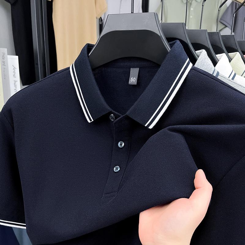 

Summer Men s Polo Shirt Lapel Short Sleeve High-end Pure Cotton High-end Business Splicing Dad Outfit M тёмно-синий