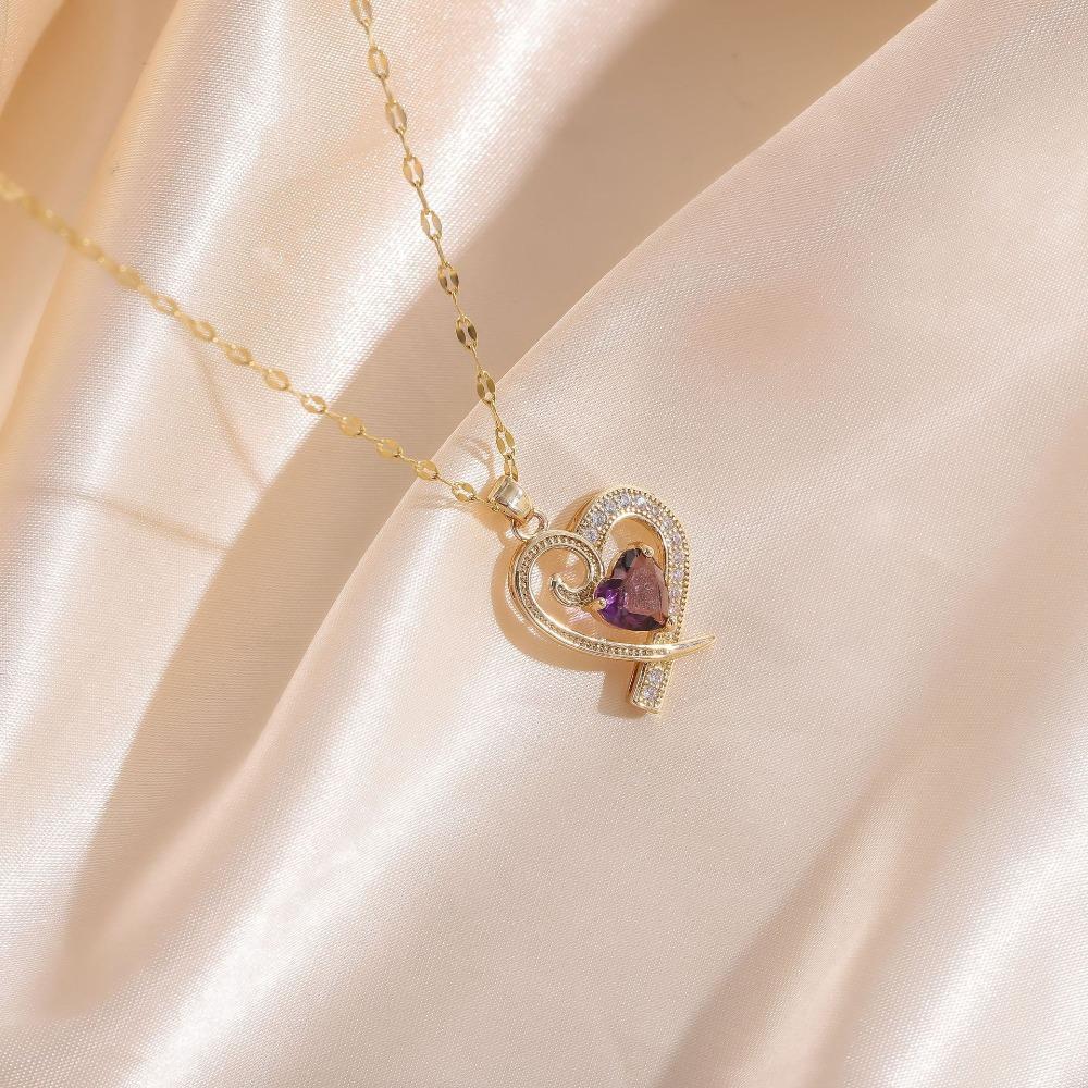 Sparkling Heart Zirconia Necklace, Golden Plated Chain, Bridal Jewelry for Wedding & Party