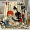 1pc Ultra Soft Lightweight Flannel Blanket with Black Cat & Sunset Wave Design - Cozy Warm Throw for Camping, Travel, Office, Li