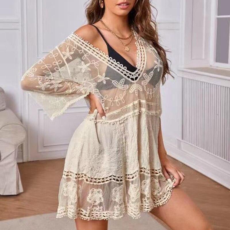 

Lace Embroidered Sunscreen Blouse Woman Summer V-neck See Through Sexy Bikini Shirts Women Loose Solid Casual Blusas One Size абрикосовый
