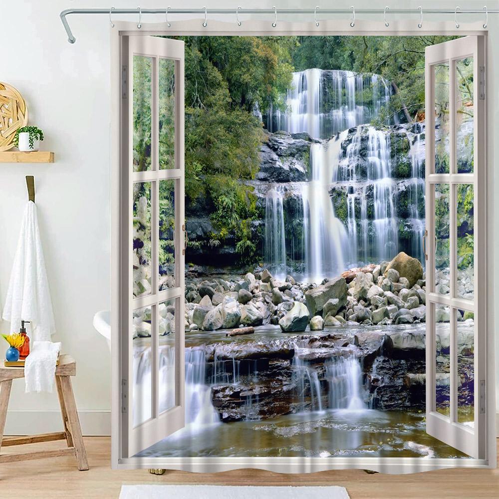 Waterfall Shower Curtain Natural Landscape Outside Window Scenery Forest Flowing Stream Bathroom Decor Polyester Bath Curtains
