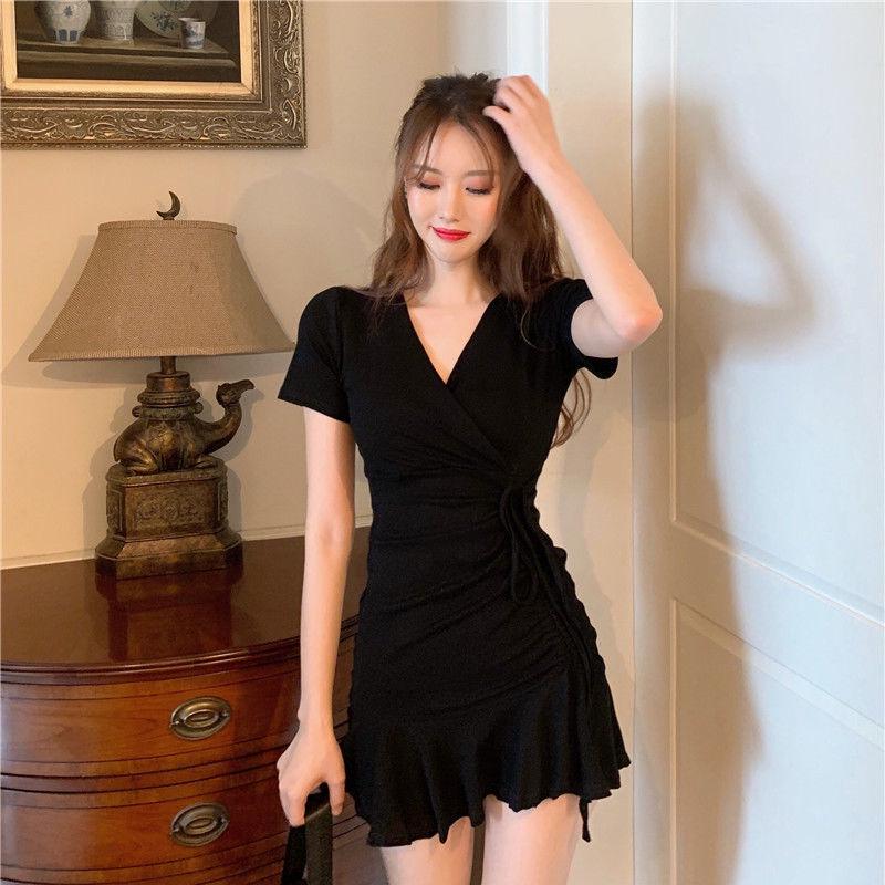 2022 Summer V-Neck Short Sleeve Drawstring Pleated A-Line Fishtail Dress for Women