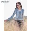 LAGOGO Striped Faux Two-Piece Hooded Knit Top