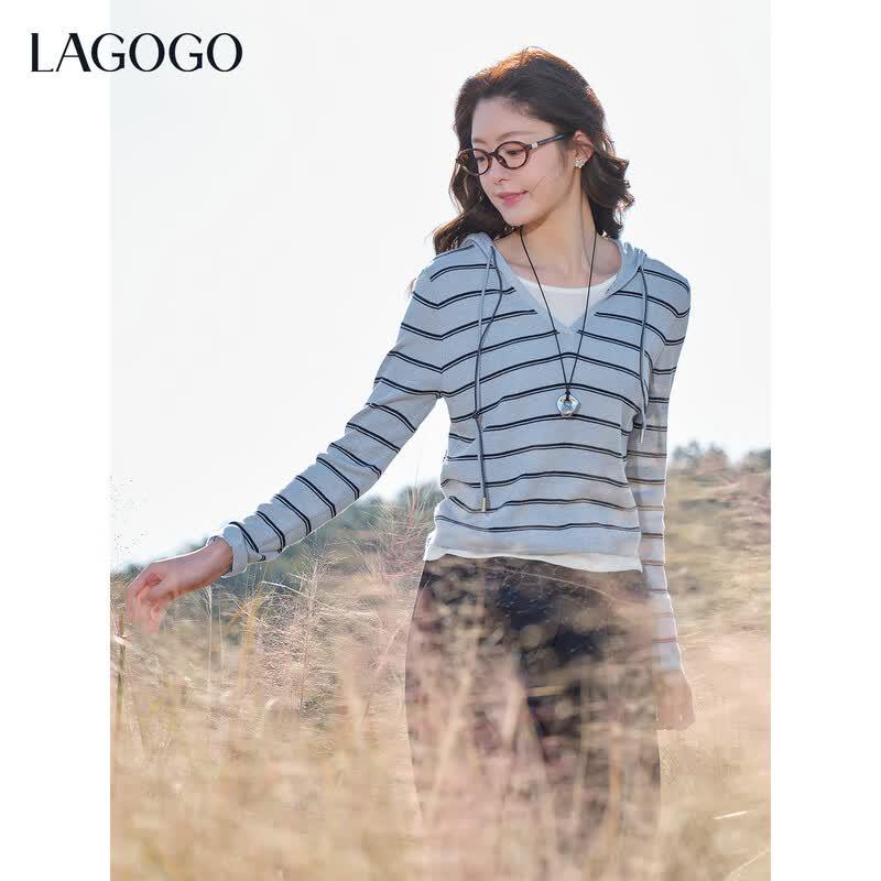LAGOGO Striped Faux Two-Piece Hooded Knit Top