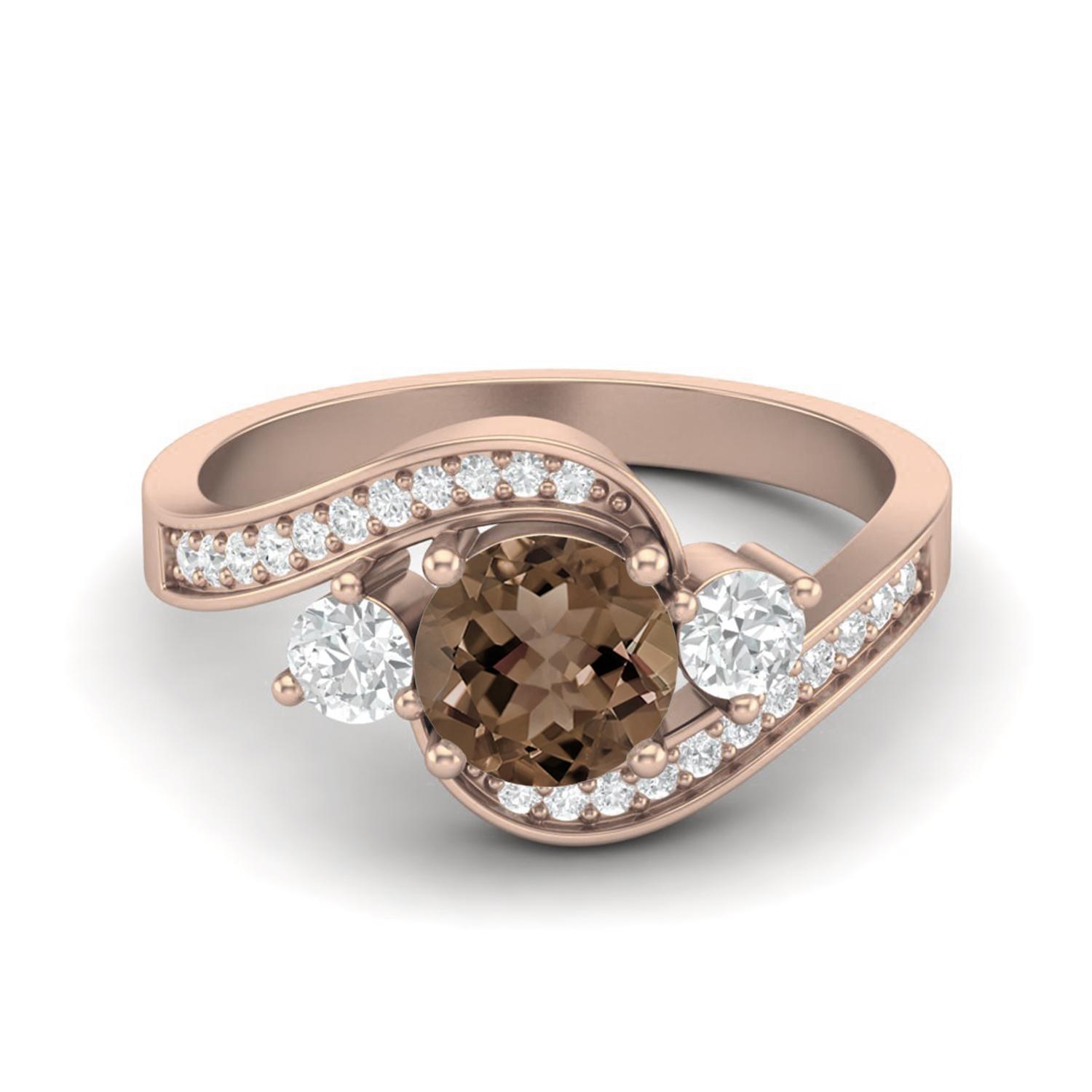 6mm Round 925 Sterling Silver Rose Vermeil Smoky Quartz Three Stone Bypass Women Wedding Ring 12