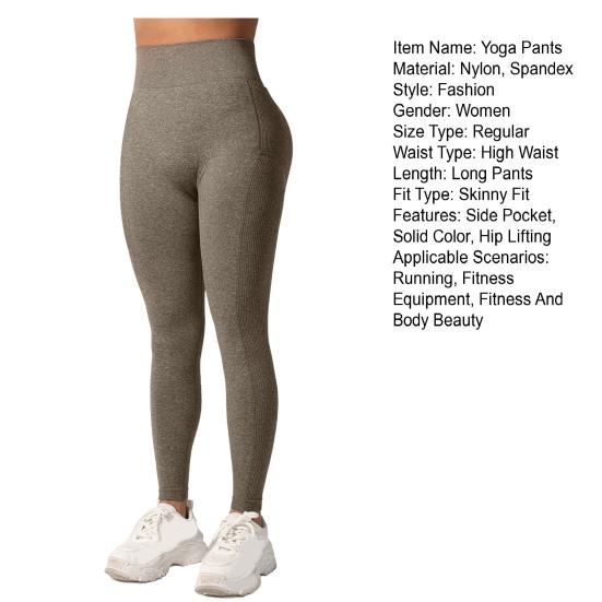 Yogabroek voor dames, hoge taille, effen kleur, geribbelde legging met zijzak, 3D-stijl sportbroek