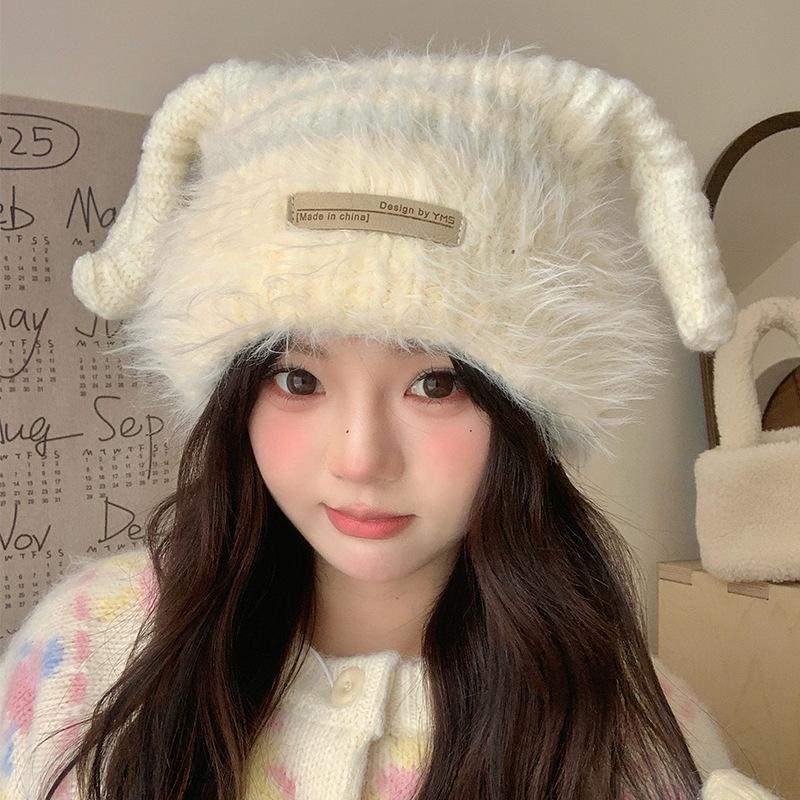 Plush Knitted Hat Autumn and Winter Korean Version Warm Ear Protection Cold Proof Woolen Hat Personalized Horn Big Head Cold Hat for Women