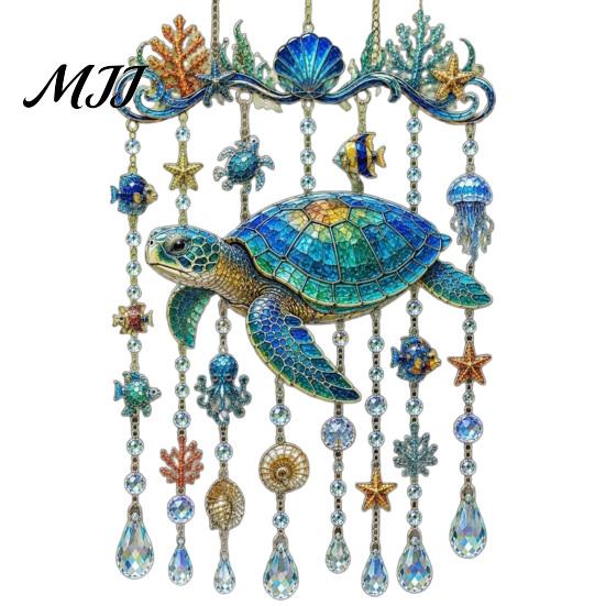 Balcony Hanging Decor Ocean-Themed Wind Chime Decoration, Animal Sun Catcher with Faux Crystal Drops, Underwater World Stained Glass Acrylic Ornament