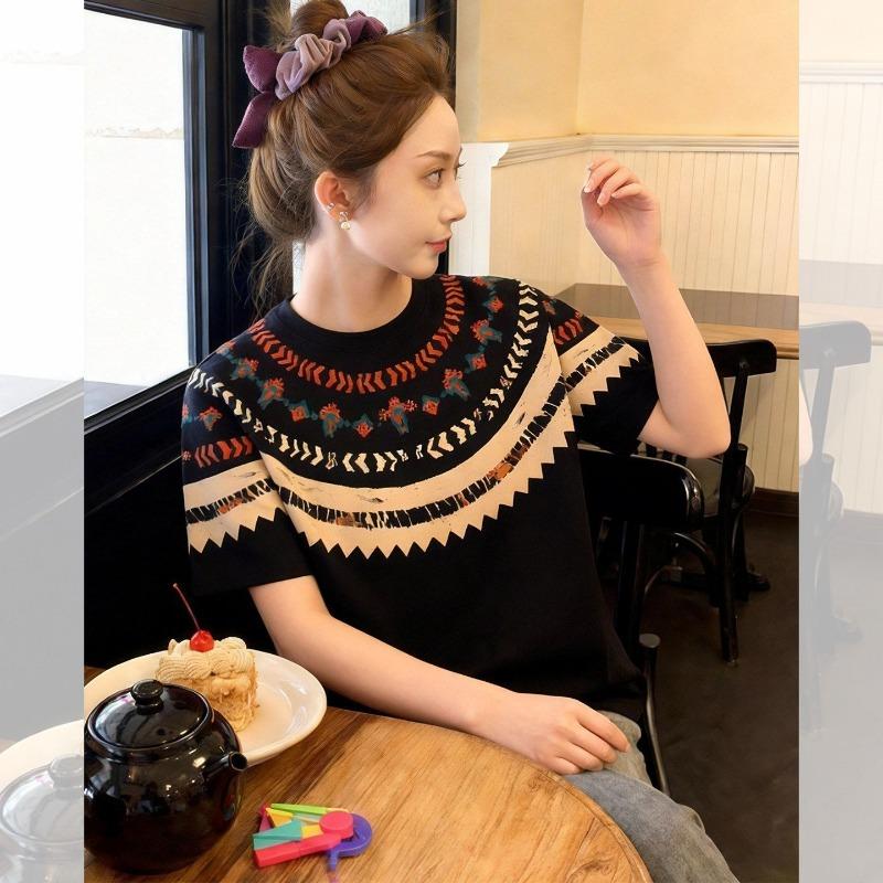 

Cotton/painted Trendy Brand Contrasting Printed Short-sleeved T-shirts for Men and Women New Summer Loose Lazy Tops T-shirts 3XL чорний