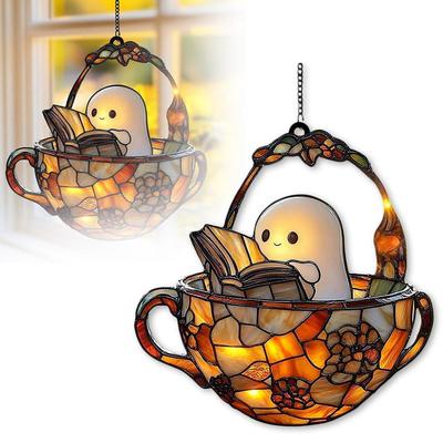 Acrylic Halloween Ghost In Bathtub Window Hanging Ornament Cute Ghost Reading Book Decor Home Bedroom Living Room Decorations