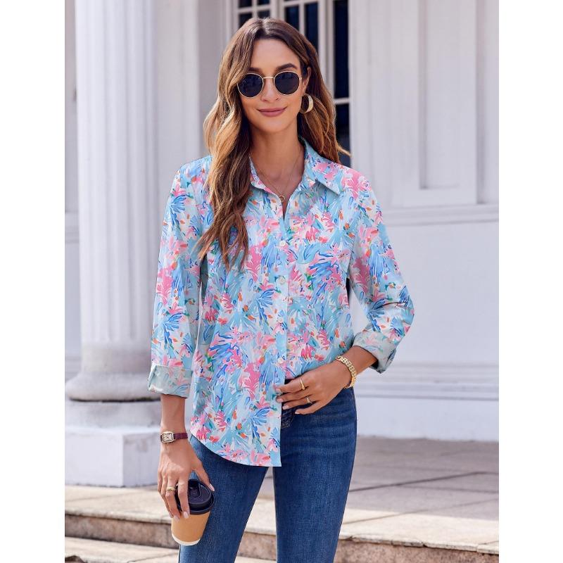 Damen Elegantes Floral-Blatt-Print-Hemd Mode Damen Langarmhemd Einfache Lässige Arbeits-Oberteile