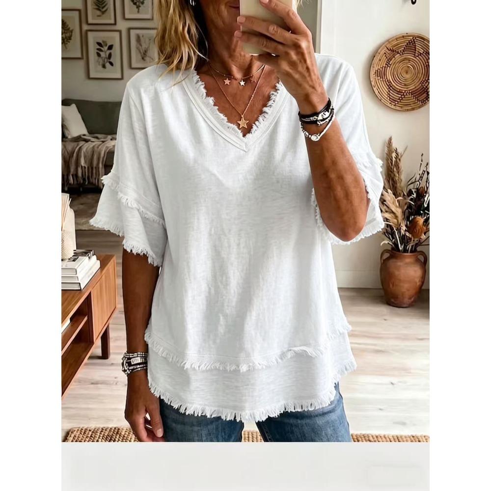Women V Neck Pullover Short Sleeve Blouse Loose Fit Casual Daily Tops