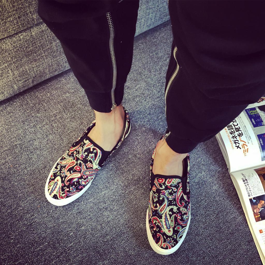 Fashion Shenxuanny New Spring Autumn Canvas Slip-On Shoes Men's Low To Help Breathable Flat Bottom Pattern Cloth Tide Shoes