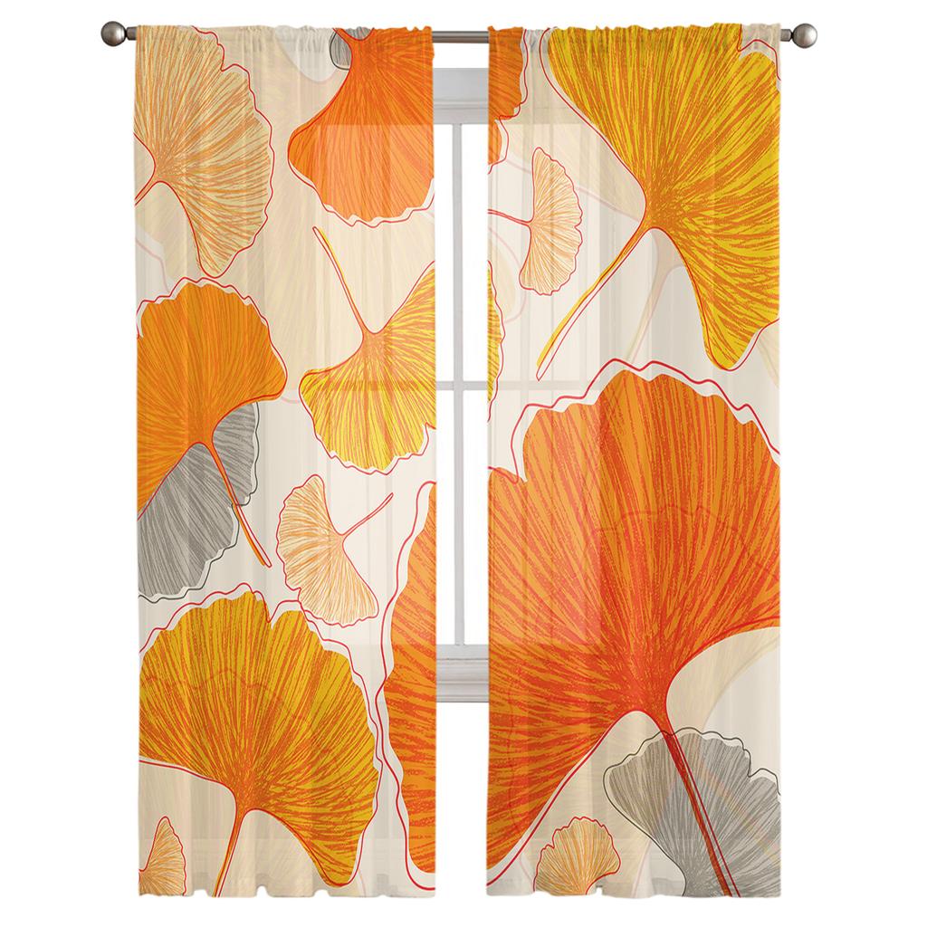 Retro Floral Ginkgo Biloba Tulle Window Curtain Sheer Valances Curtains For Living Room Home Decoration Drape Panel