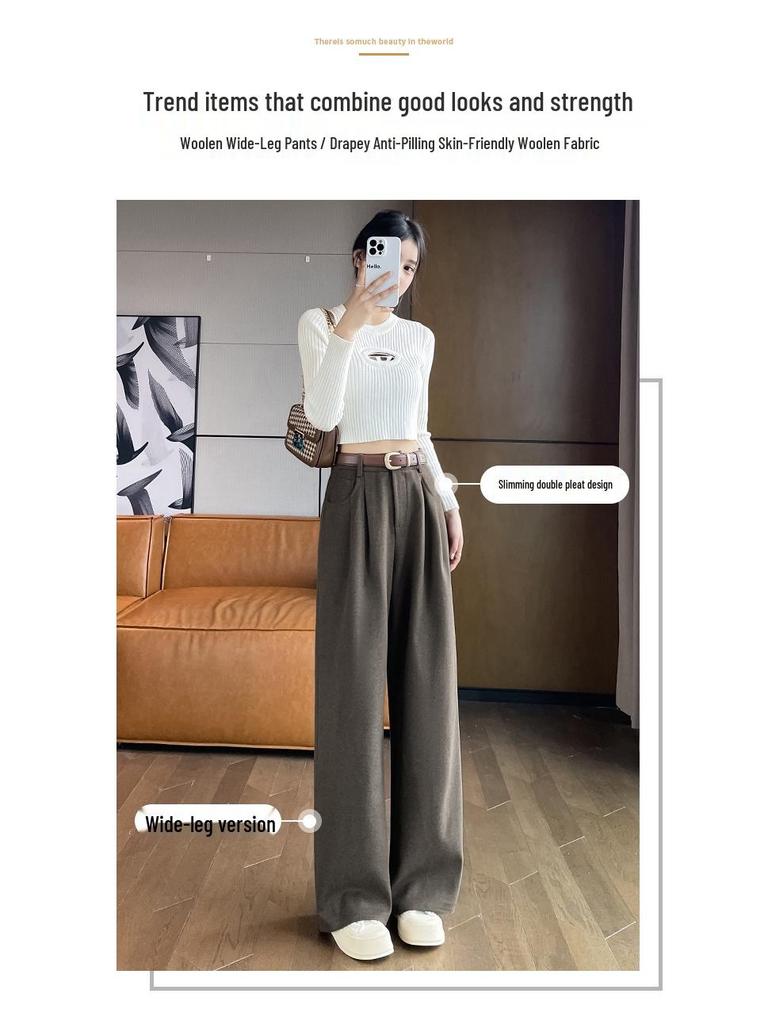 2026 Autumn/Winter Velvet High-Waisted Woolen Wide-Leg Floor-Length Pants for Women