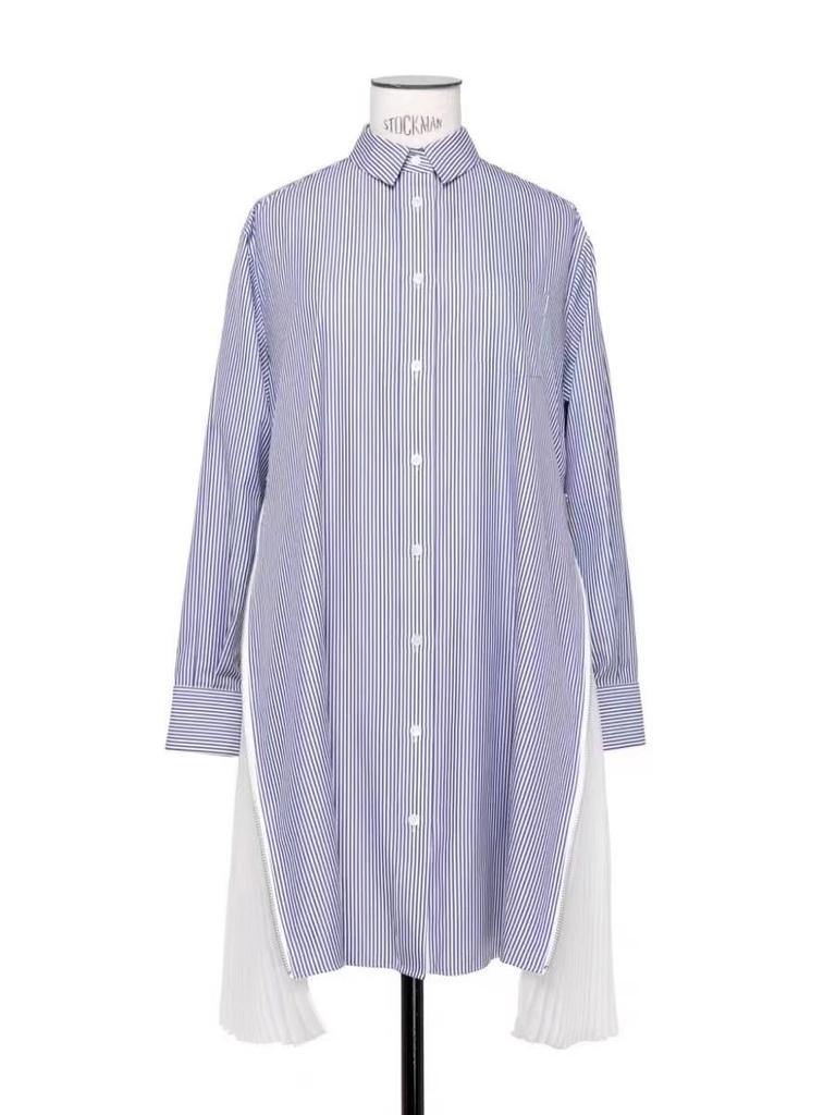 FOG SACAI 2024 Japanese Pleated Side Slit Long Sleeve Striped Shirt Dress