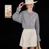 Wudao Women's Striped Stand Collar Flare Sleeve Cotton Blouse