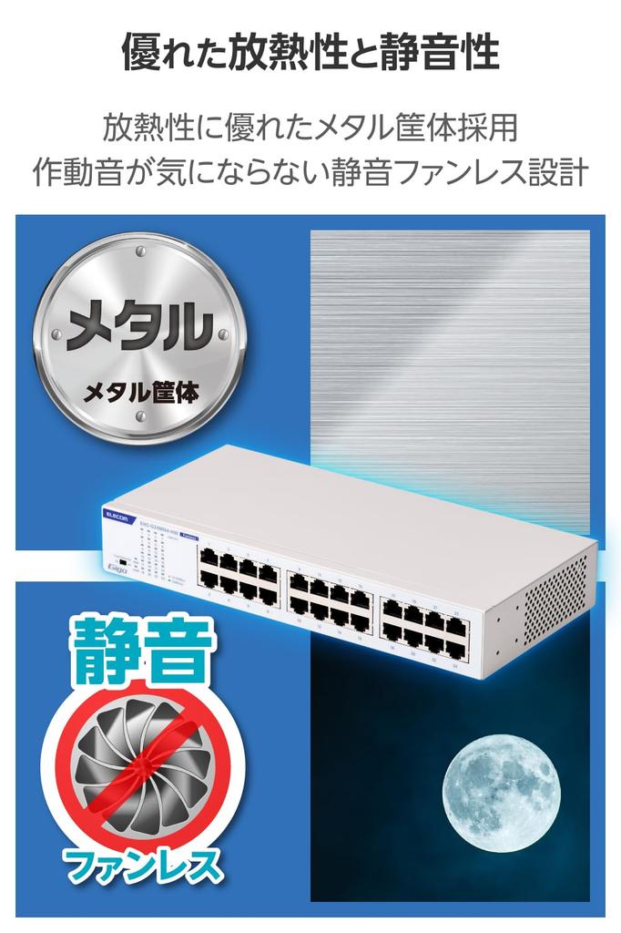 Elecom Switching Gigabit Metal Power Hub, 24-Port, Compatible, Case, Built-in Supply, White, EHC-G24MN4-HW