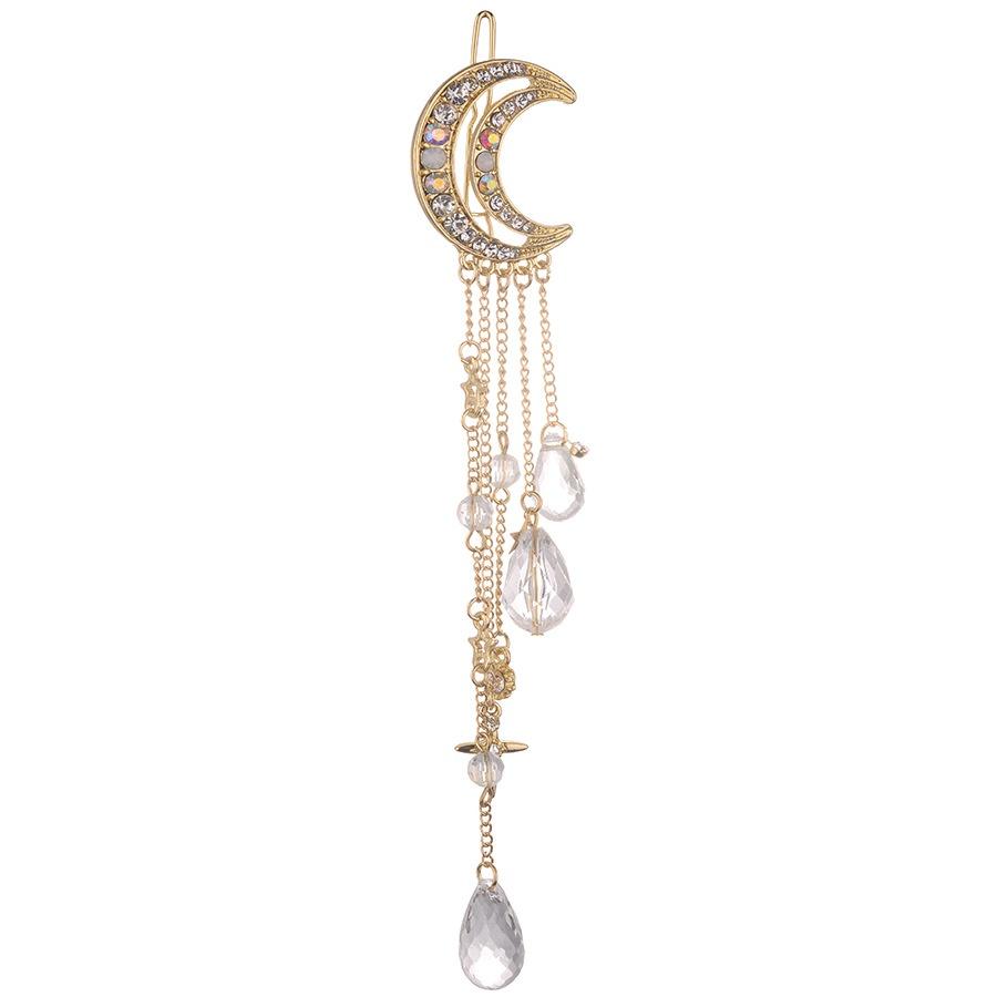 1pc Exquisite Gold/Silver/Rose Gold Color Crystal Moon Hair Clip Tassel Hairpins Brushes Long Hair Accessories