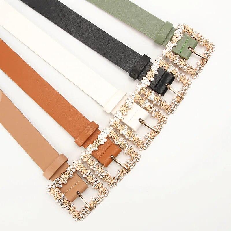 Fashionable Belts for Woman Gold Color Metal Floral Rhinestone Buckle Simple Practical Solid Color PU Belts