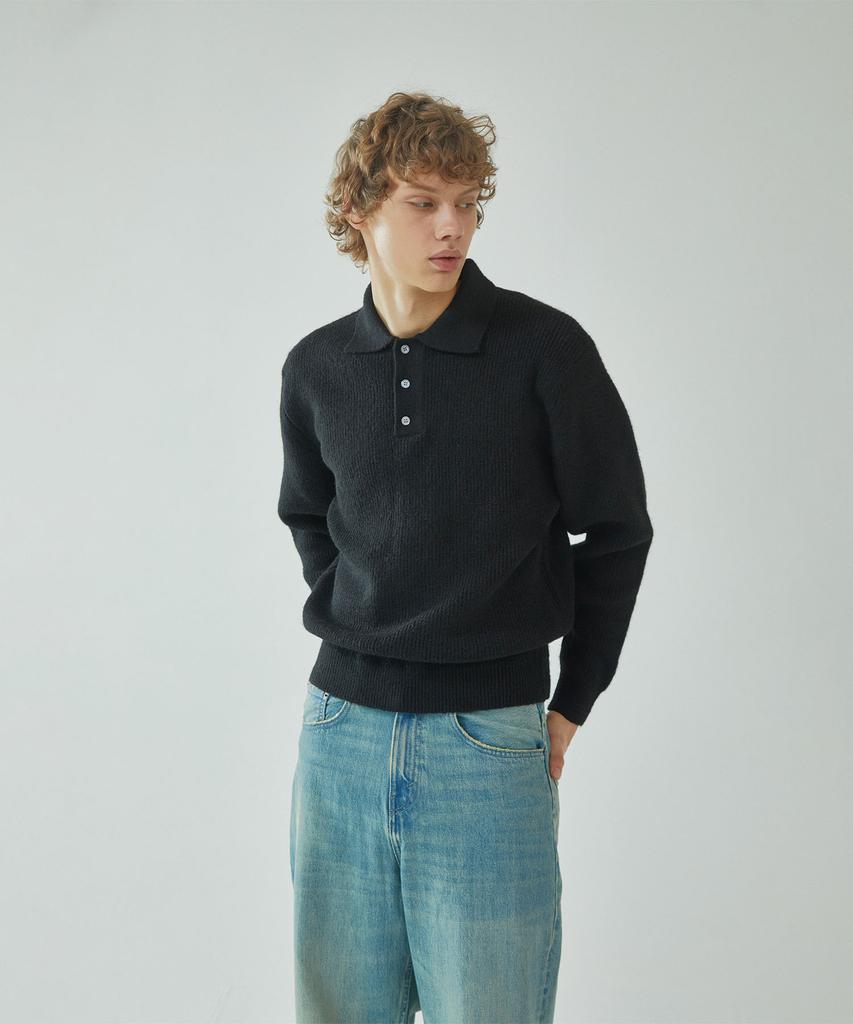 PINBLACK (Men) Button Collar Neck Wool Knit Black