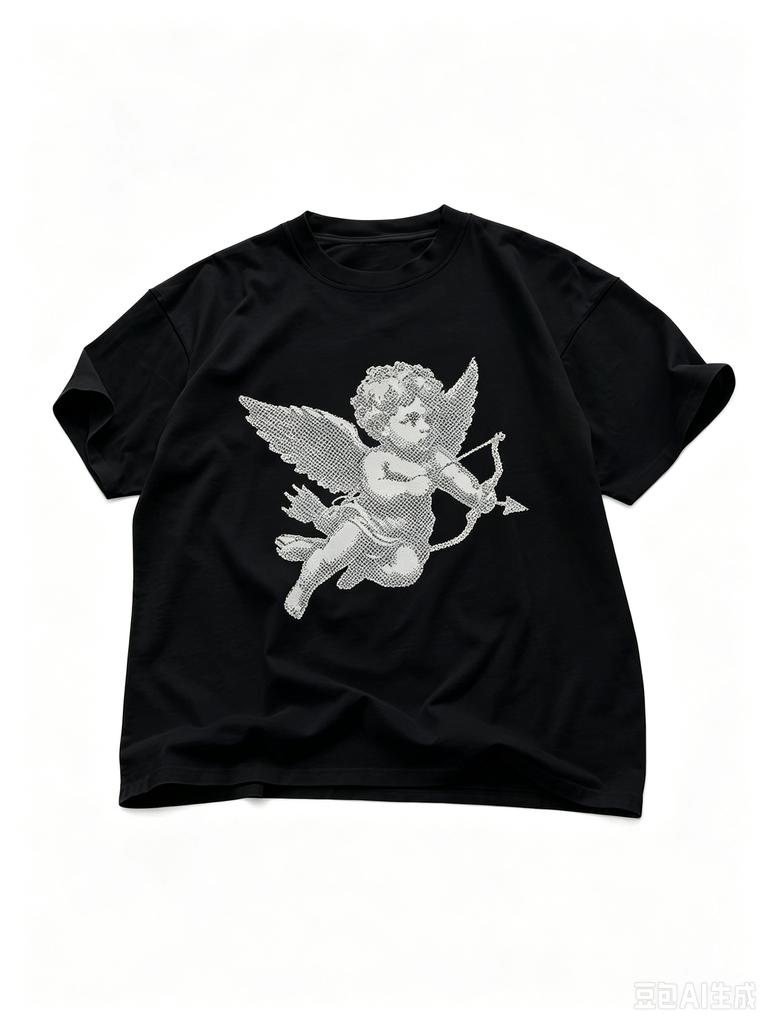 2026 Unisex Oversized Cotton Tshirt Halftone Cupid Angel Graphic Print Urban Streetwear Short Sleeve Tops For Youth
