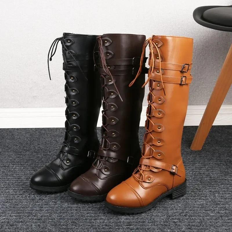 Fashion New Fashion Women's Knee High Boots Brand Lace Up Platform Shoes Sexy Buckle PU Vintage Buckle Luxury Shoes Designer Snow Boots