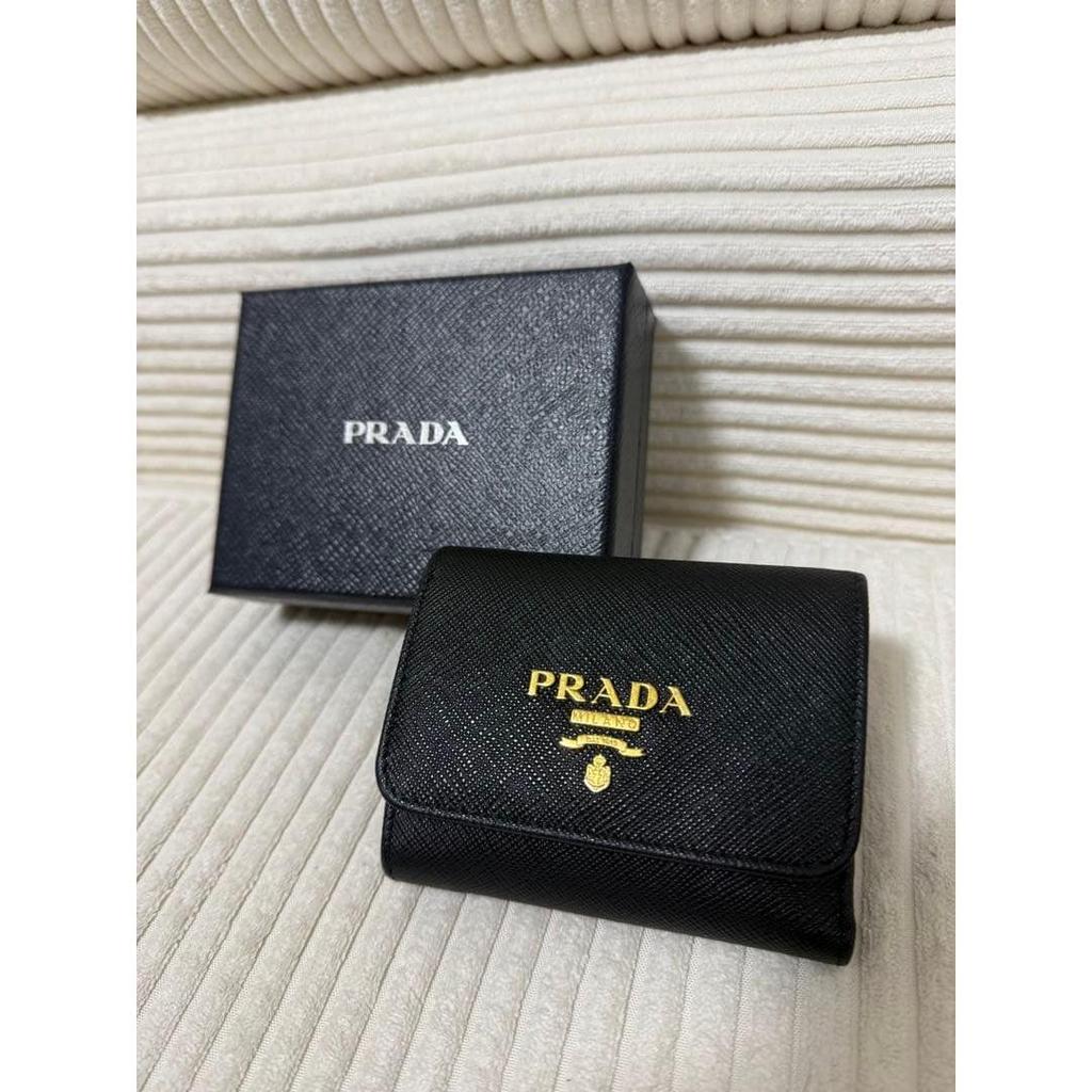 Used PRADA Tri-fold wallet, Saffiano leather, black, gold hardware, with box