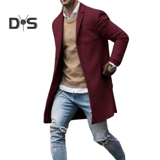 Мужская ветровка с лацканами, длинный рукав, однобортная теплая верхняя одежда с карманами, однотонная куртка средней длины, пальто 3XL вино красного