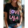 Women Black White Round Neck Short Sleeve T-Shirt Floral LOVE Being Called LALA Print Medium Stretch Non-Sheer Machine Washable All-Season Casual Top