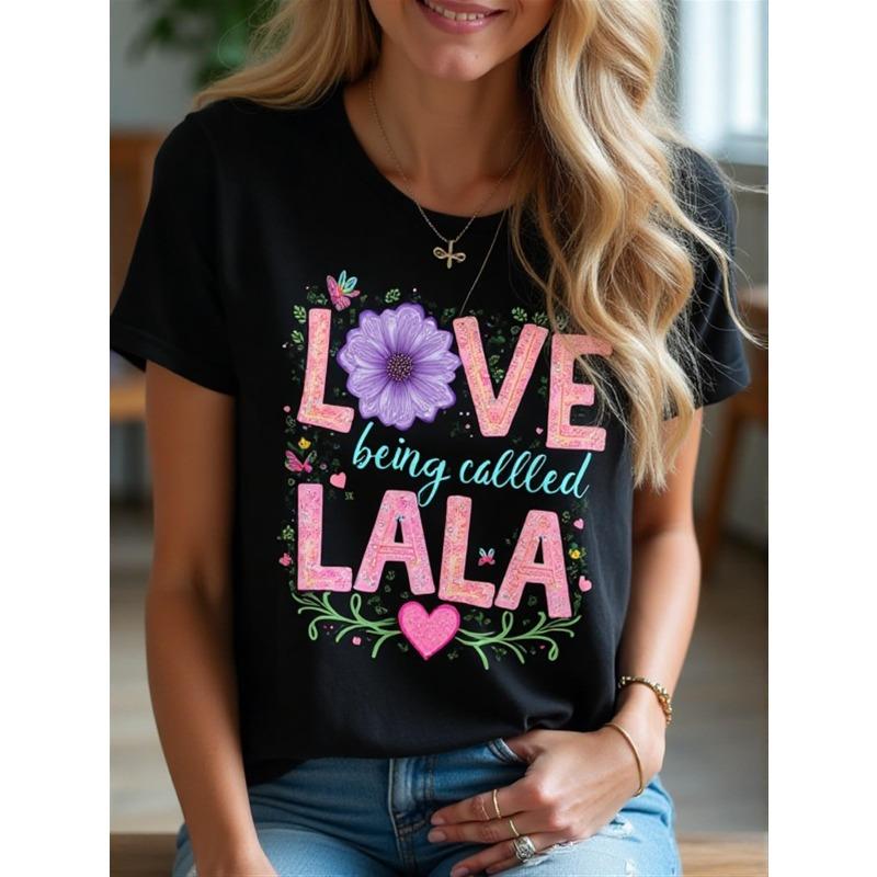

Women Black White Round Neck Short Sleeve T-Shirt Floral LOVE Being Called LALA Print Medium Stretch Non-Sheer Machine Washable All-Season Casual Top 4XL чорний
