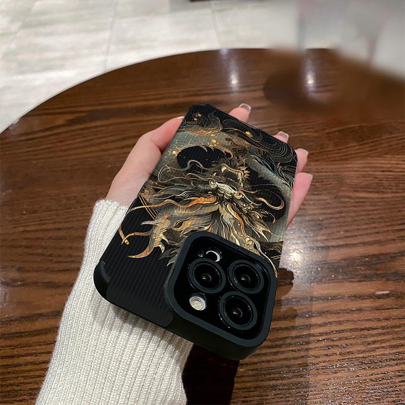 Husa din silicon moale pentru telefon din piele cu granulatie verticala, cu imprimeu dragon, husa din spate cu lentile camerei, protectie completa pentru iPhone