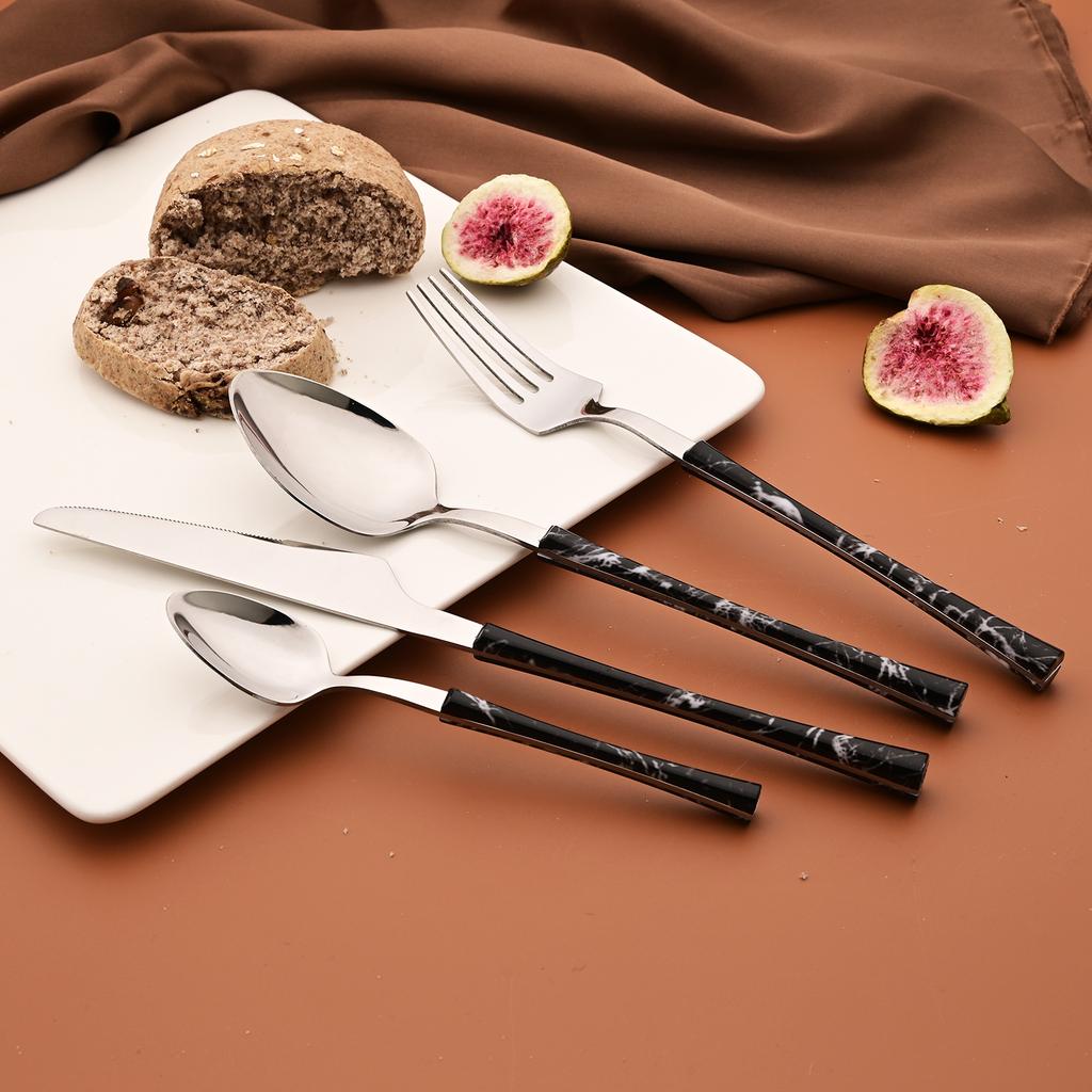 24 ks Příborů s dřevěnou rukojetí Domácí kuchyňská sada nádobí Nůž Vidlička Lžíce Čajová lžička Imitace mramoru Zrcadlová nerezová ocel Služba pro 6 osob