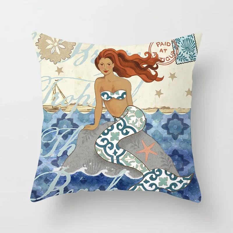 45X45CM Retro Mediterraner Ozean Druck Blau Grün Kissenbezug Heiß Meerjungfrau Fisch Kissenbezug Sofa Sitz Wohnzimmer Dekokissen