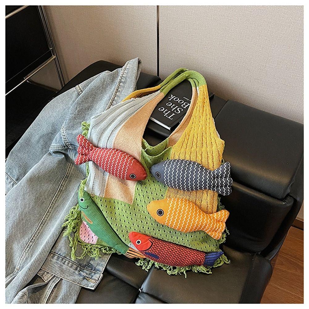 Summer Cotten Crochet Shoulder Bag Fish Tassels Beach Handbag Hollow Out Weave Bag  Shopping Bag