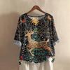 Women's Fashionable And Casual Shirt Half-sleeve Round Neck Print Cotton And Linen Blouse Top