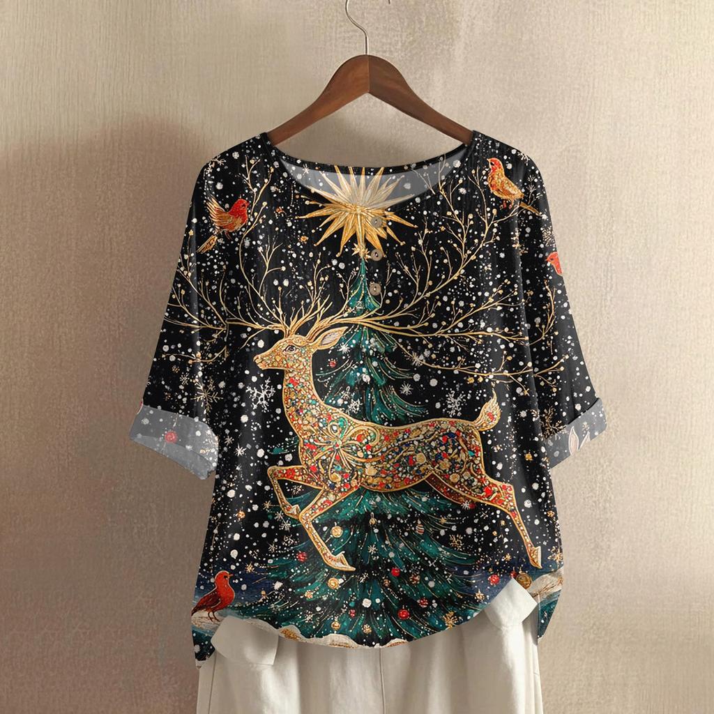 Women's Fashionable And Casual Shirt Half-sleeve Round Neck Print Cotton And Linen Blouse Top