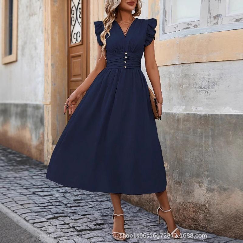 Elegant Ruffled Sleeve Waist Cinched A-line Dress Solid Color Summer Sleeveless Party Dress Fashion Summer Sweet Solid Color Casual Sweet Clothing