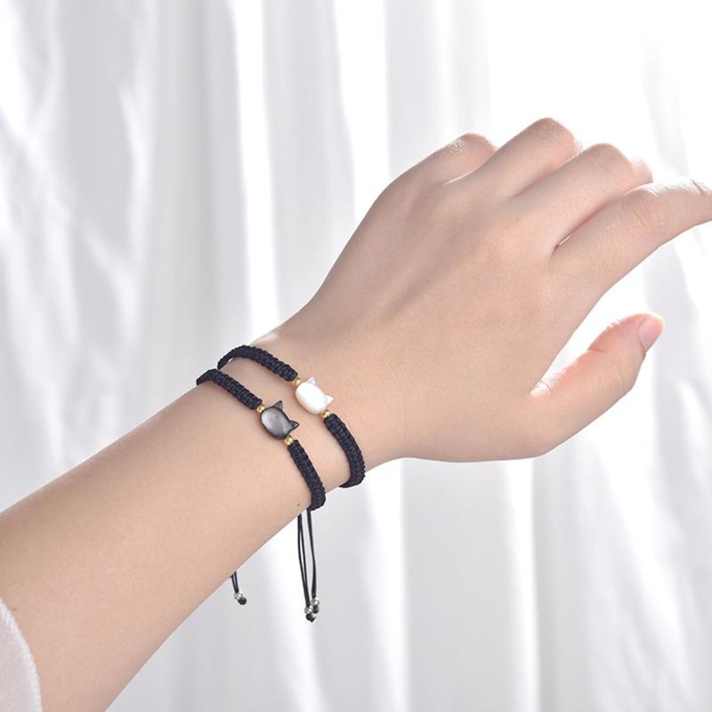 Natural Moonstone Obsidian Bracelet Unique Design Cat Charm Bangle Handwoven Wrist Link Chain Party Accessories for Girl