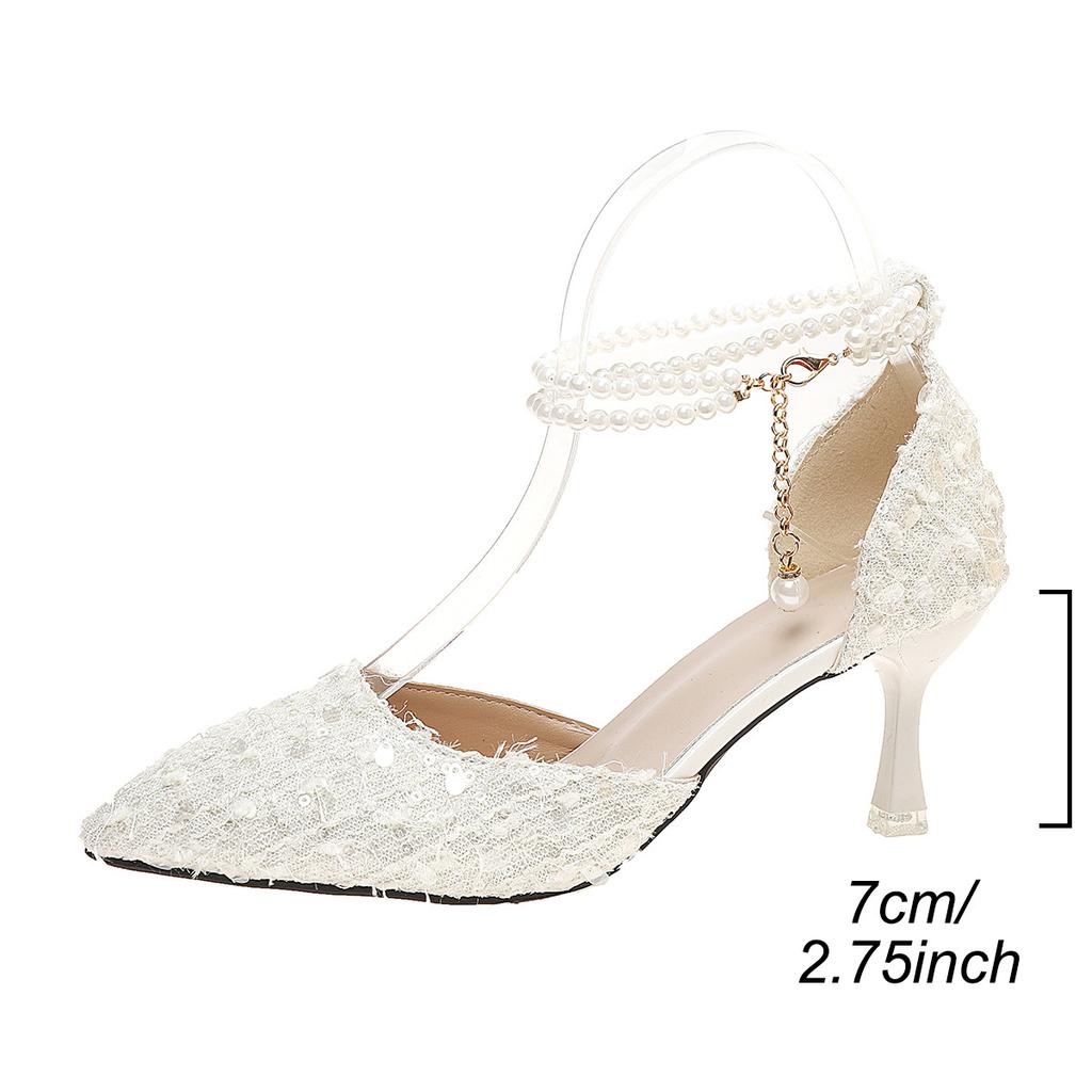 New Pointed Head Shallow Mouth Bow High Heels Women's Stiletto Celebrity Pearl Word Belt Fashion Single Shoes