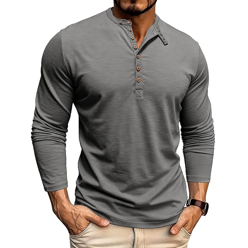 Mens Henley Collar Long Sleeve T-Shirts Solid Color Loose Fit Button Front Casual Daily Tshirts