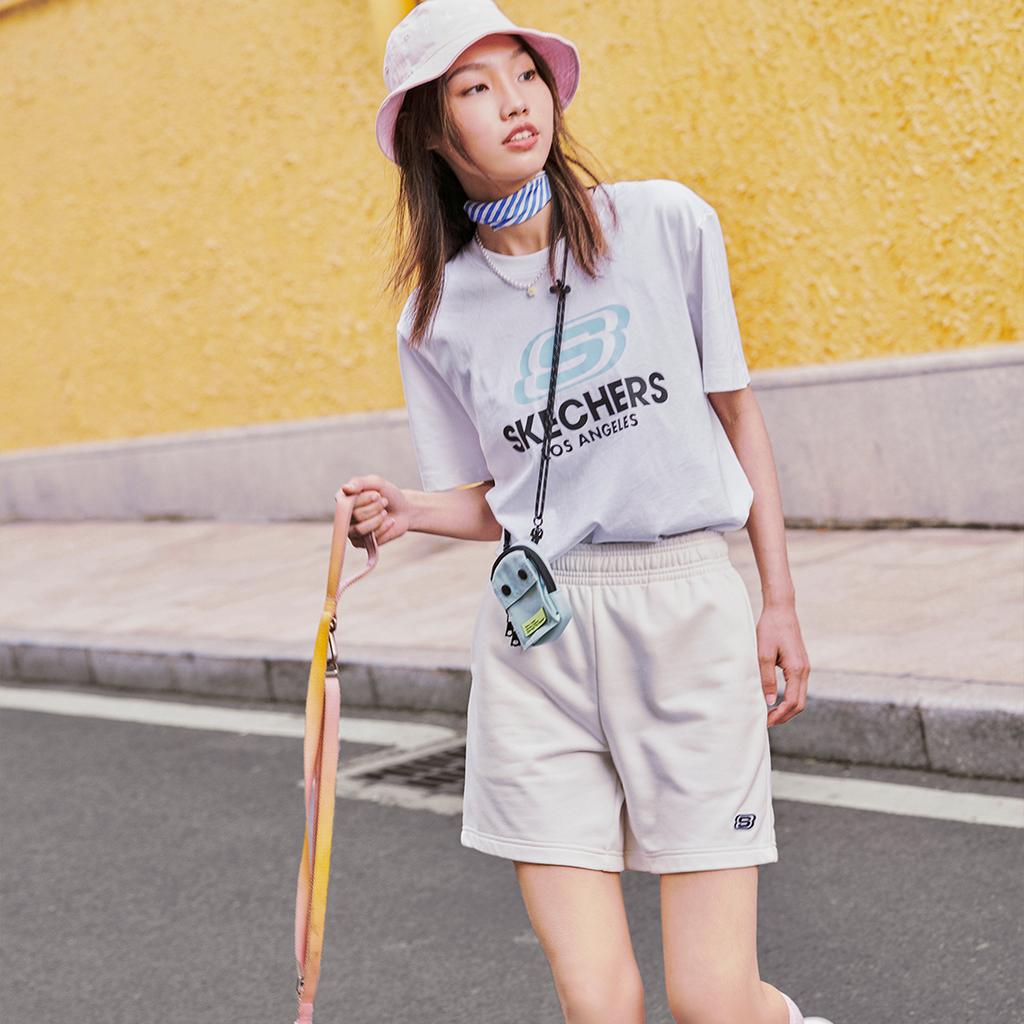 Skechers Colorful Casual Series Solid Straight Casual Shorts Unisex Shorts Cotton-Candy-White L122W057-0074