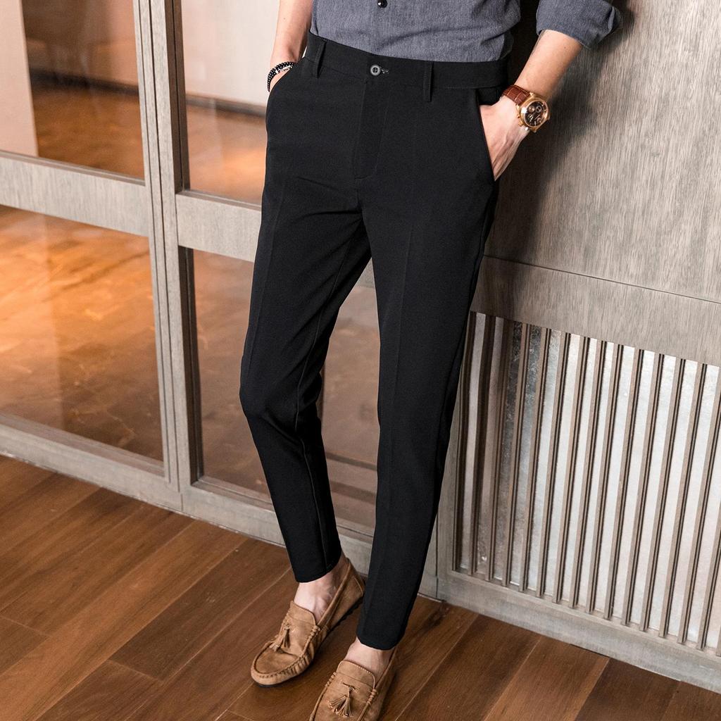 "Four Seasons Men's Slim Korean Black Elastic Casual Pants - Trendy Youth Style K902"