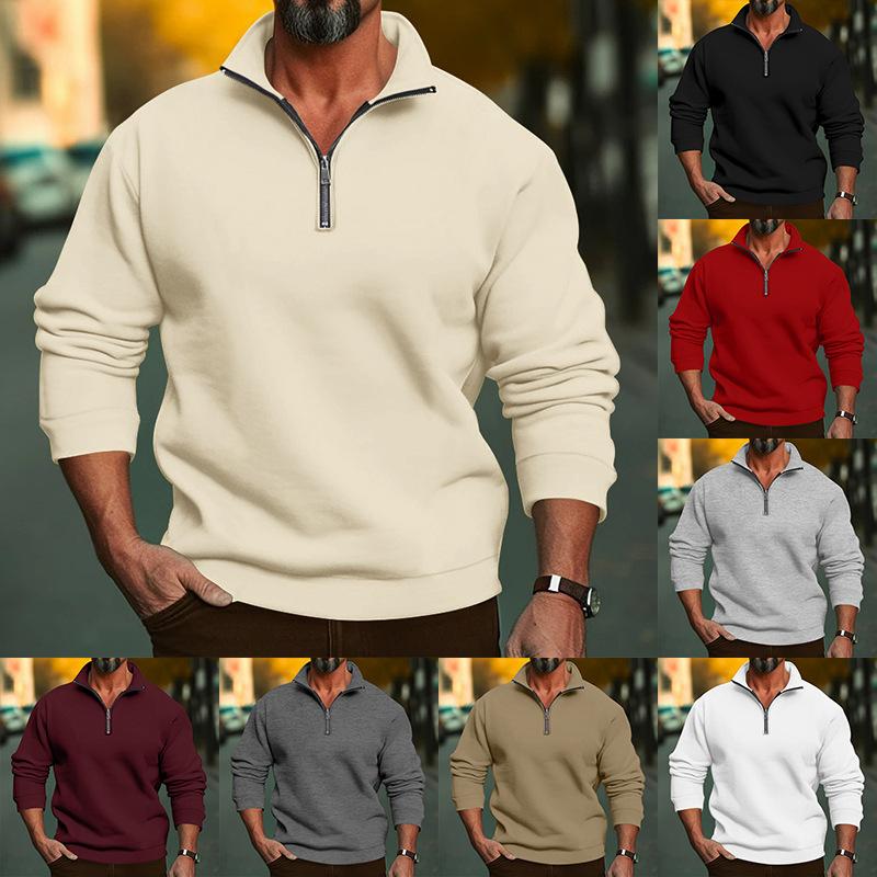 Mens Casual Solid Color Half Zip Stand Collar Long Sleeve Pullover Sweatshirt