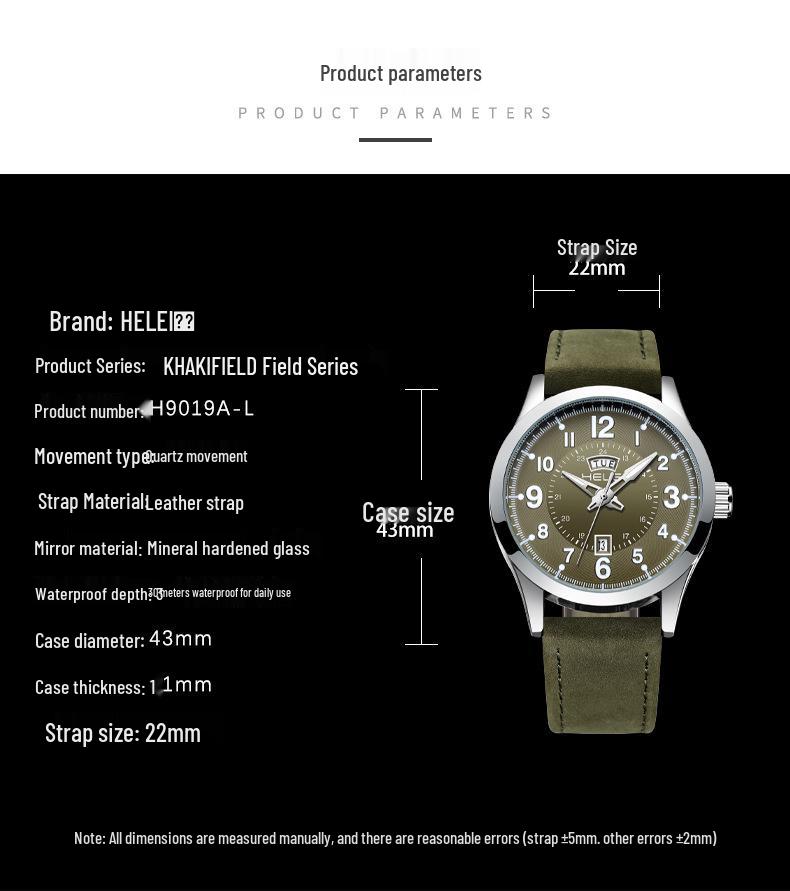 HELEI Wasserdichte Herren-Quarzuhr mit echtem Lederarmband - Modell H9019