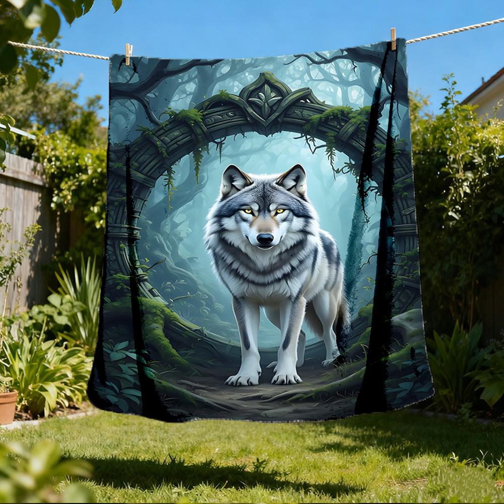 1pc Wolf Forest Outdoor Blanket - Soft Flannel Cozy for Travel & Camping - All-Season Warm Bed Cover, Machine Washable Yy251229074