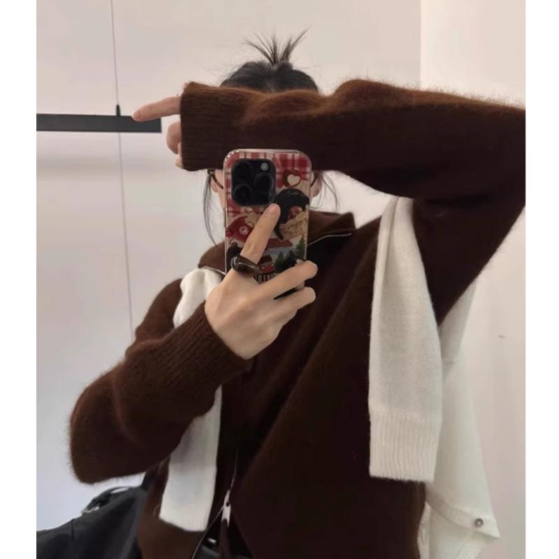 

French High Collar Cashmere Knit Women s Cardigan - Autumn Winter Loose Sweater, Thick Wool Base Layer Top XL (60-70 kg)