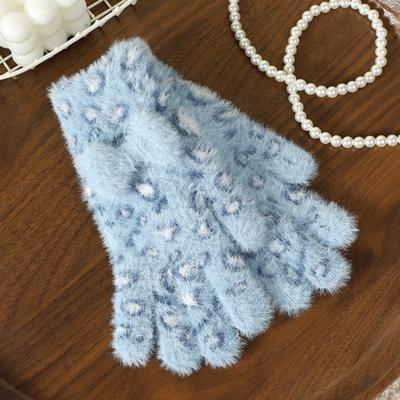 Yousheng 1 Pair Knitted Gloves Leopard Print Plush Warm Winter Gloves with Tie-Dye Color Bow Decoration Touchscreen Gloves
