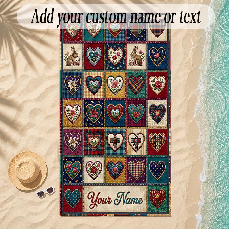 Hearts Theme Soft Beach Towel Personalized Custom Name Text Towel Portable for Beach Pool Travel