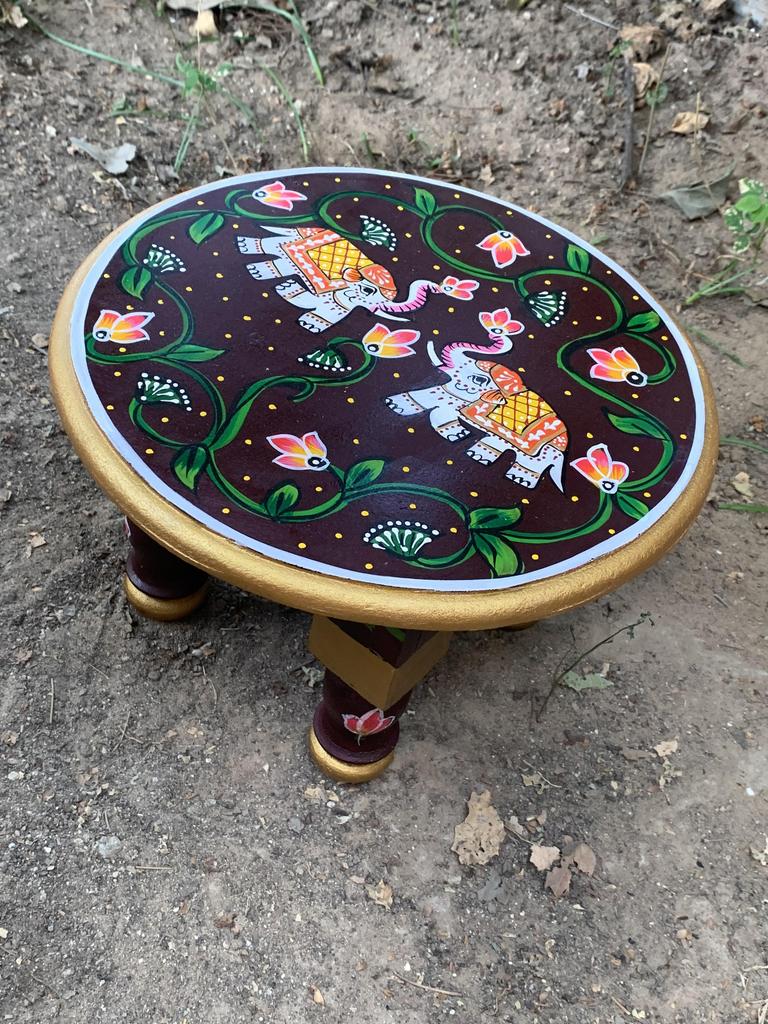 Hand Painted Wooden Chowki Bajot | Round Elephant Design Stool Table